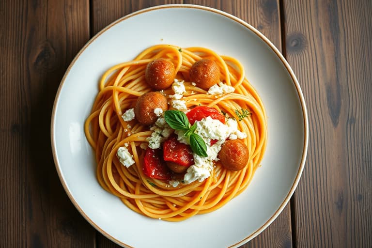 Spaghetti med greske kjøttboller og tomat- og fetasaus