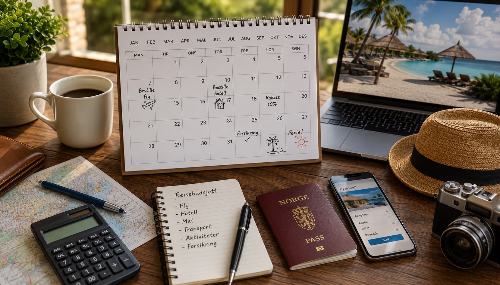Kalender med planlagte datoer for å bestille fly og hotell, ved siden av reisebudsjett, pass og laptop med feriedestinasjon