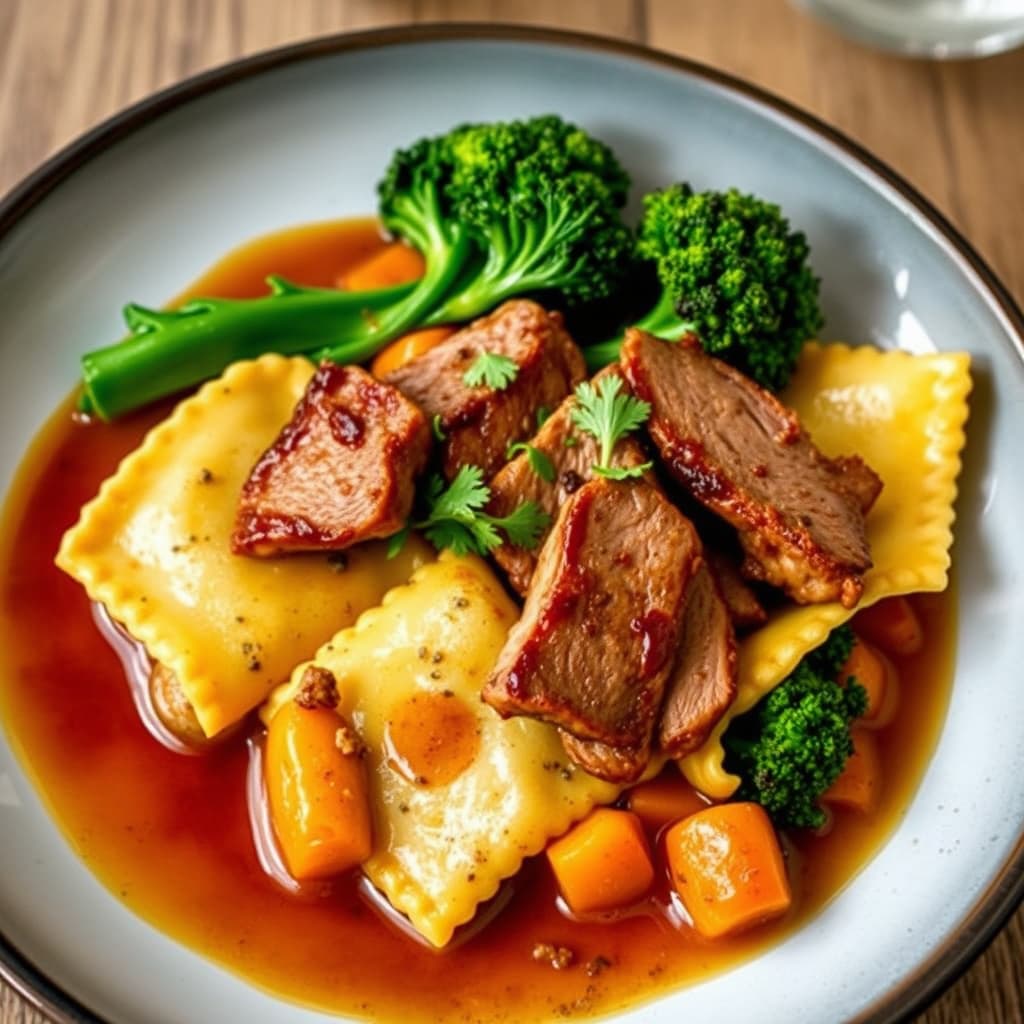 Andelår med femkrydret saus, butternut squash-ravioli og brokkoli rabe