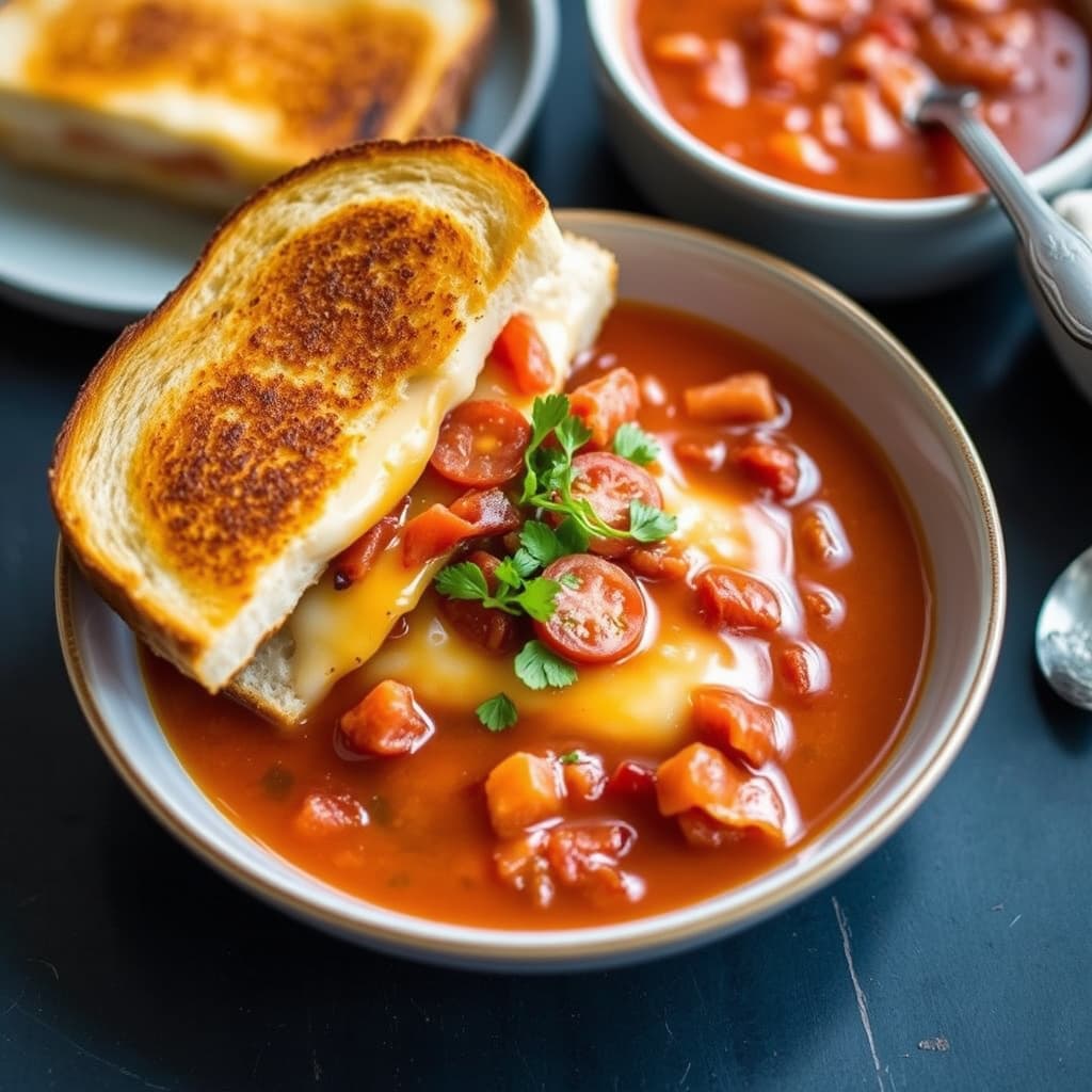 Arvegods med grillet ostesmørbrød og tyk tomatsuppe med bacon