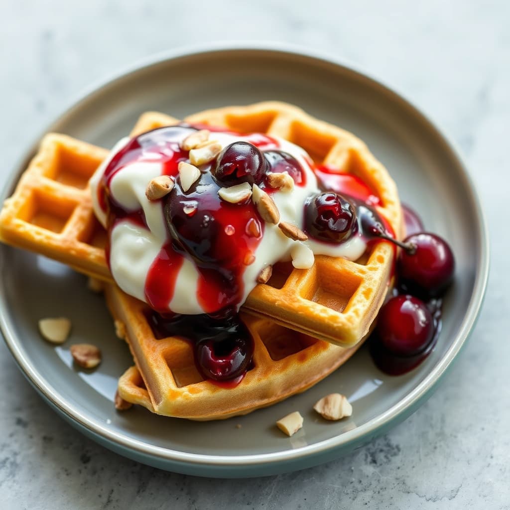 Kefirvafler med kirsebær- og mandelsaus