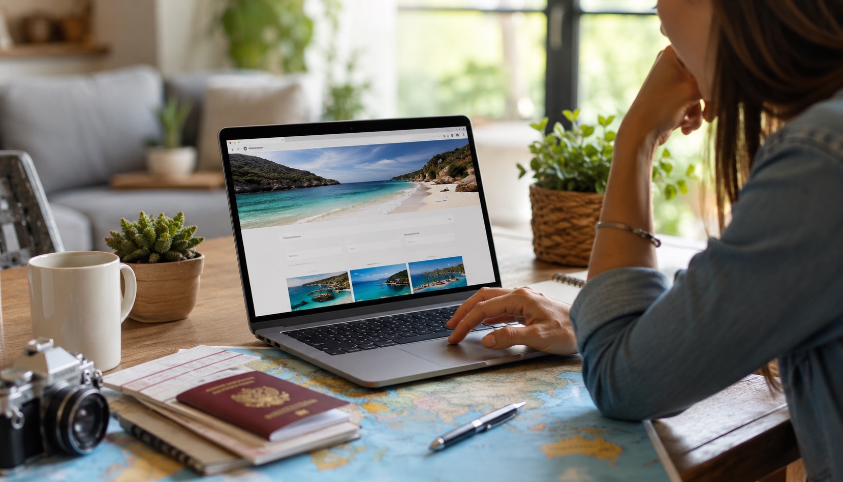 Person bestiller ferie på nett med laptop som viser en reisebestillingsside, med pass og verdenskart på bordet